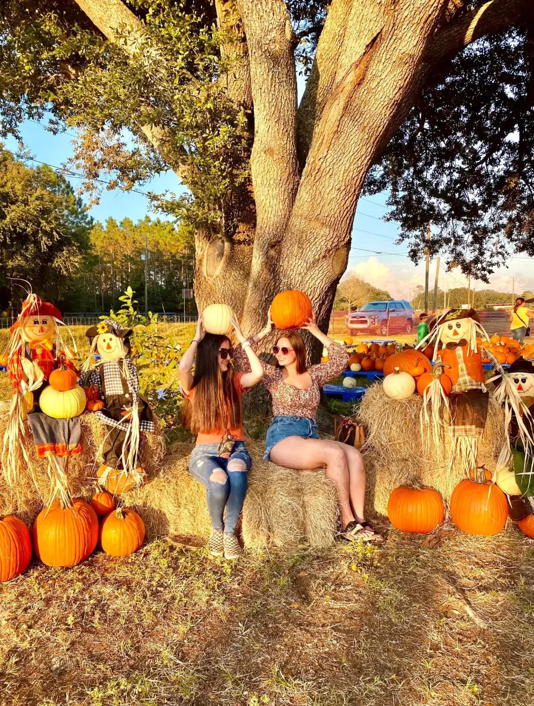 Two visitors posing with pumpkins among scarecrows, hay bales, and a sprawling oak tree at the Fear Fest Grounds Halloween festival in Winthrop, Riverview, Florida