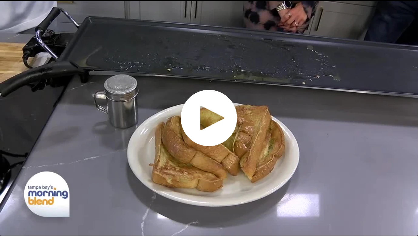 Himes Breakfast House Banana Foster French Toast on the Morning Blend griddle — click to watch the full segment on Tampa Bay 28
