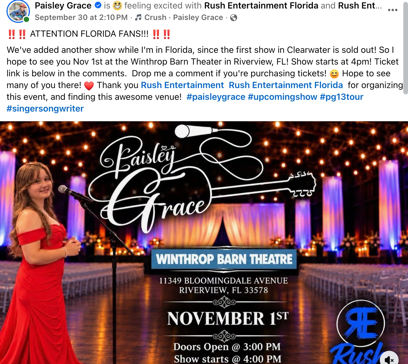 Facebook post from Paisley Grace titled 'ATTENTION FLORIDA FANS!!!' announcing her Clearwater show sold out and her added Winthrop Barn Theatre date on November 1, 2026, alongside the Paisley Grace promotional poster showing the venue address, show date, and doors/show times
