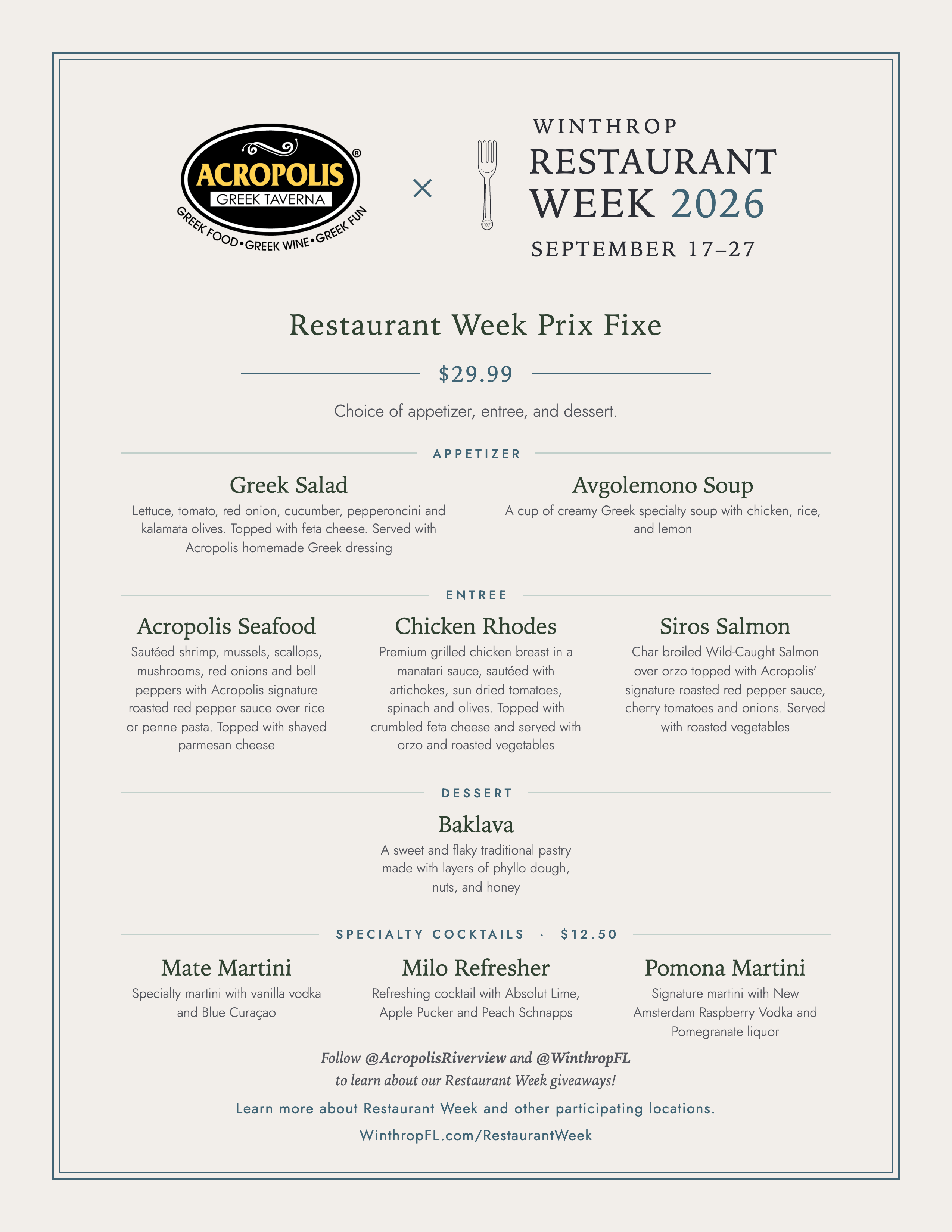 Acropolis Greek Taverna Restaurant Week menu
