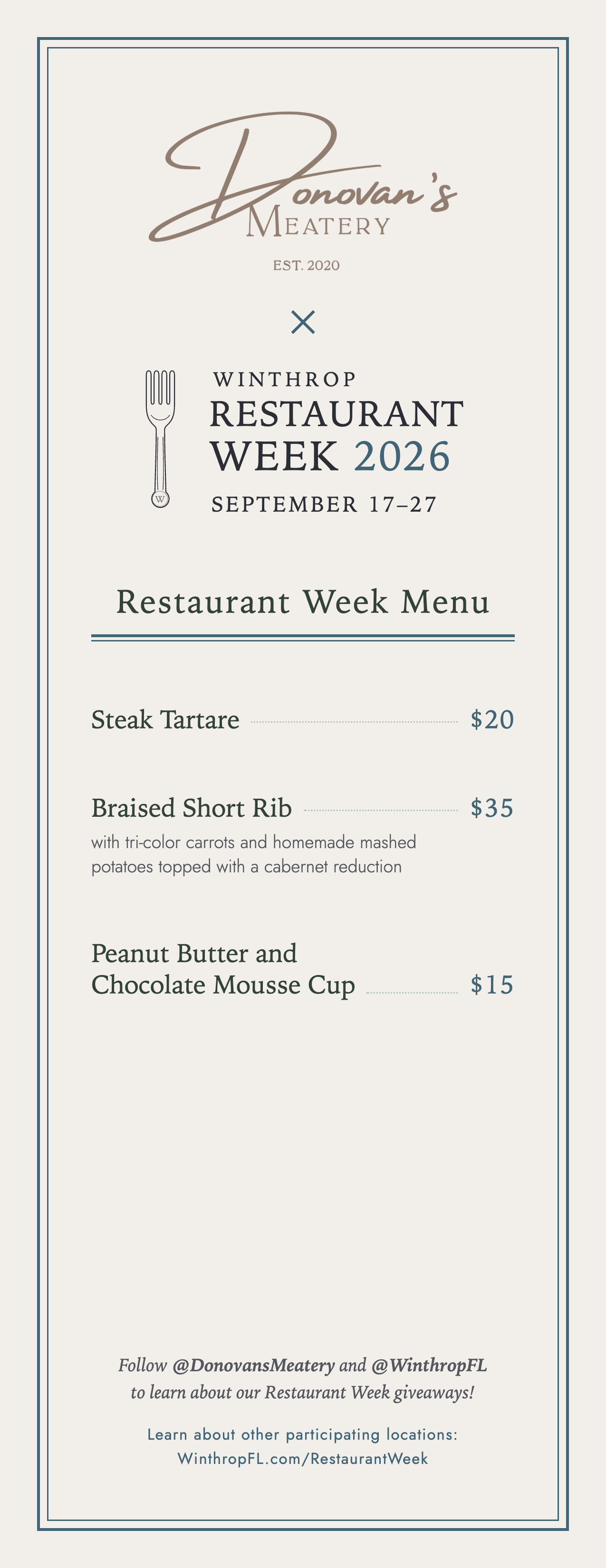 Donovan's Meatery Restaurant Week menu