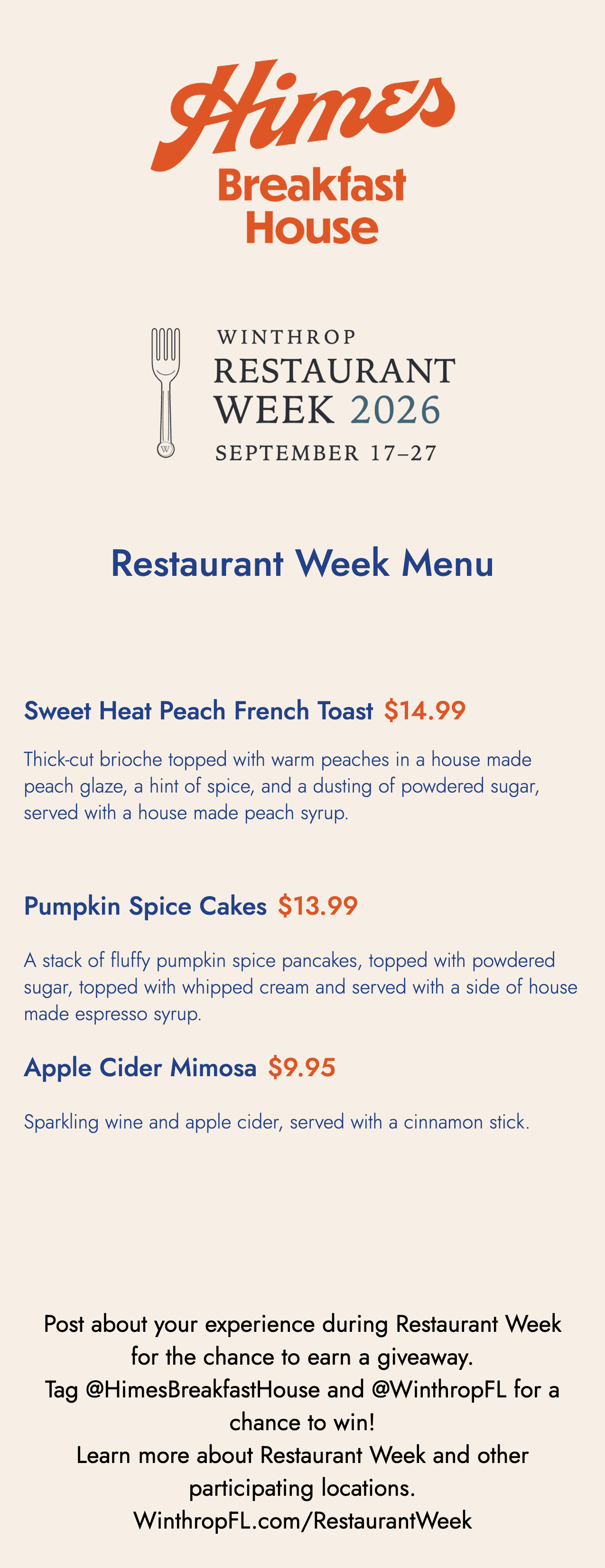 Himes Breakfast House Restaurant Week menu