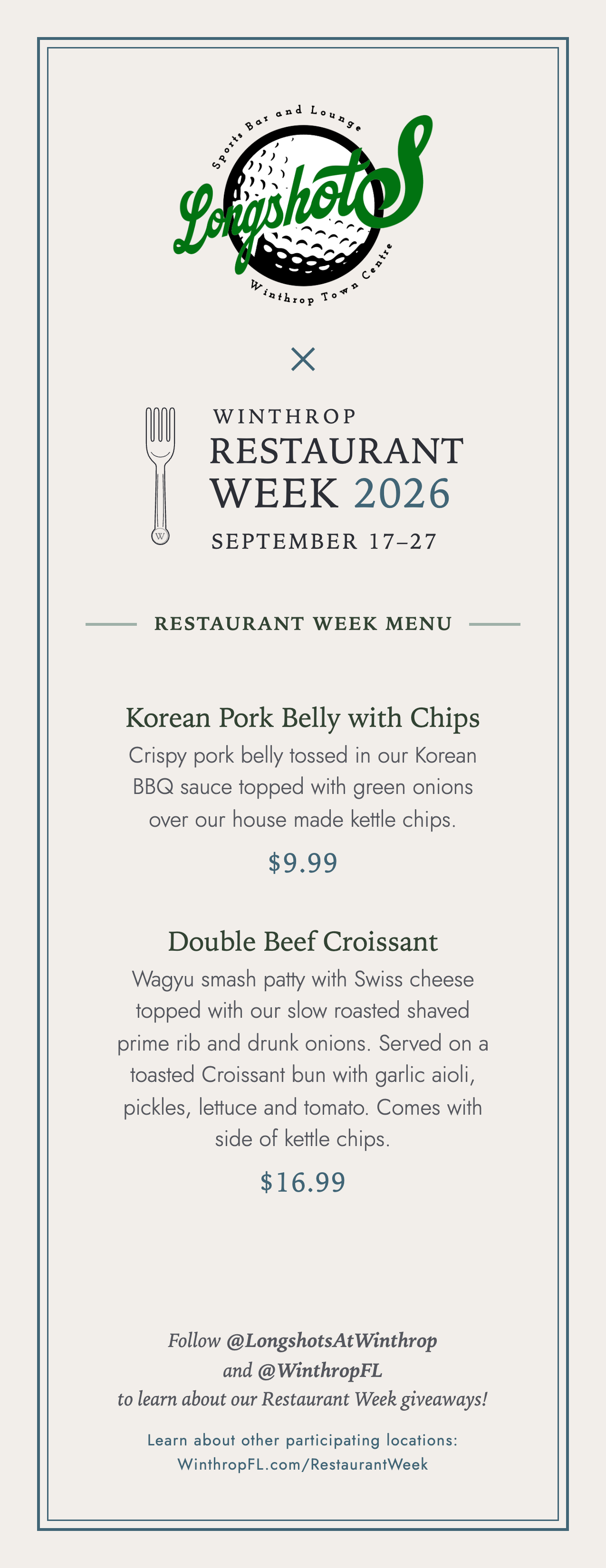 Longshots Restaurant Week menu