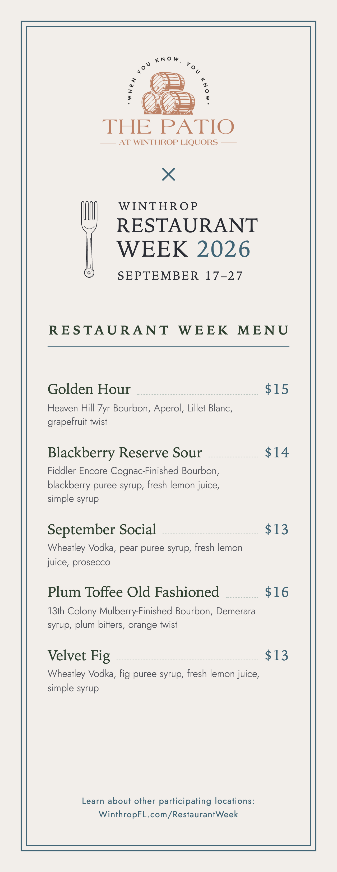 The Patio at Winthrop Liquors Restaurant Week menu