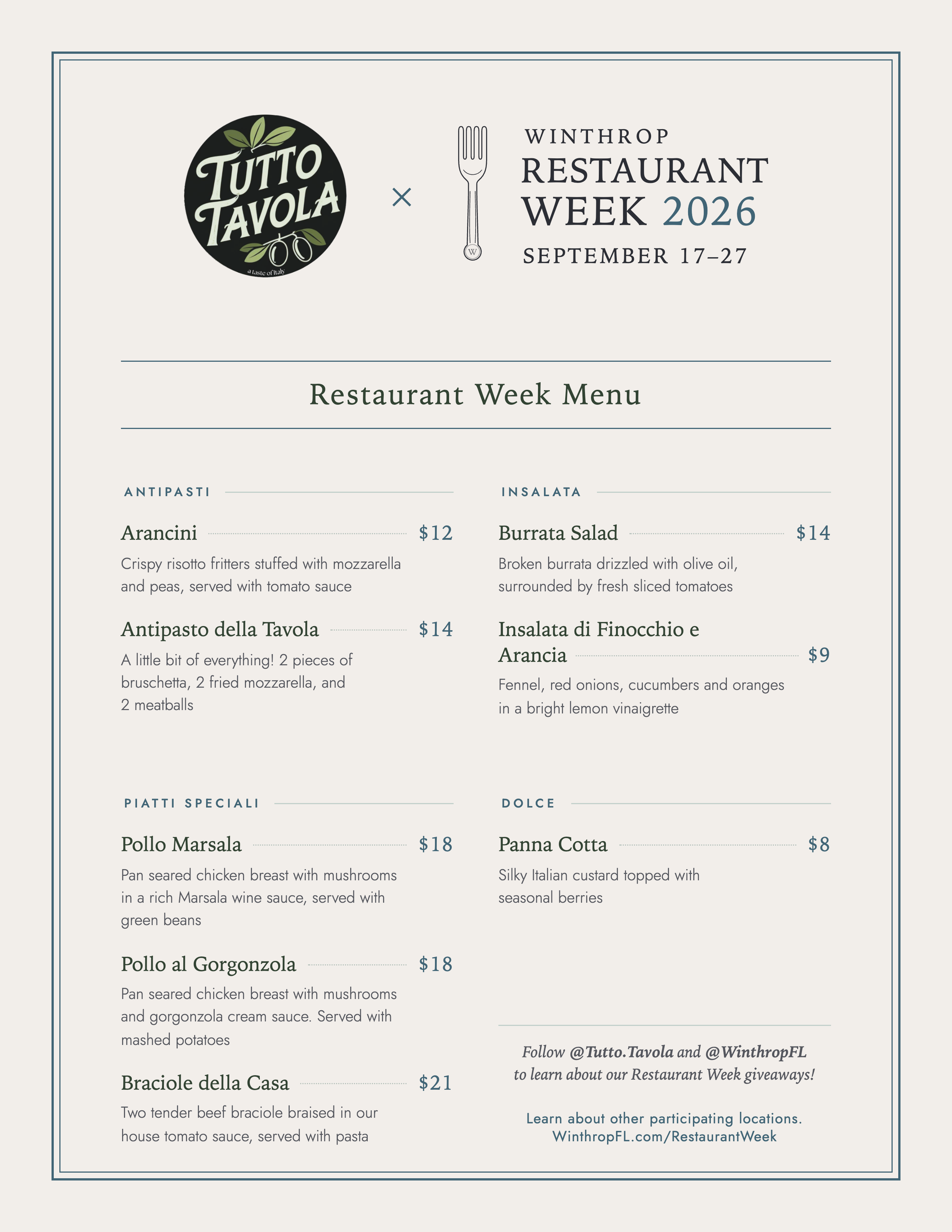 Tutto Tavola Restaurant Week menu